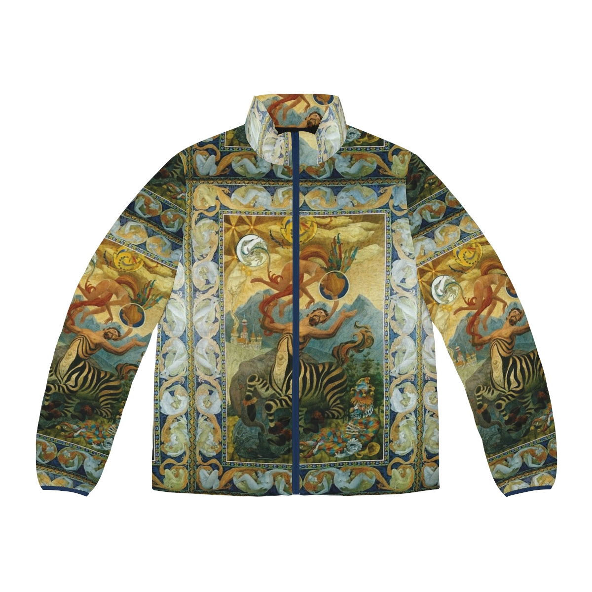 Oliver Grimley's fantasy art puffer jacket featuring vibrant and epic imagery