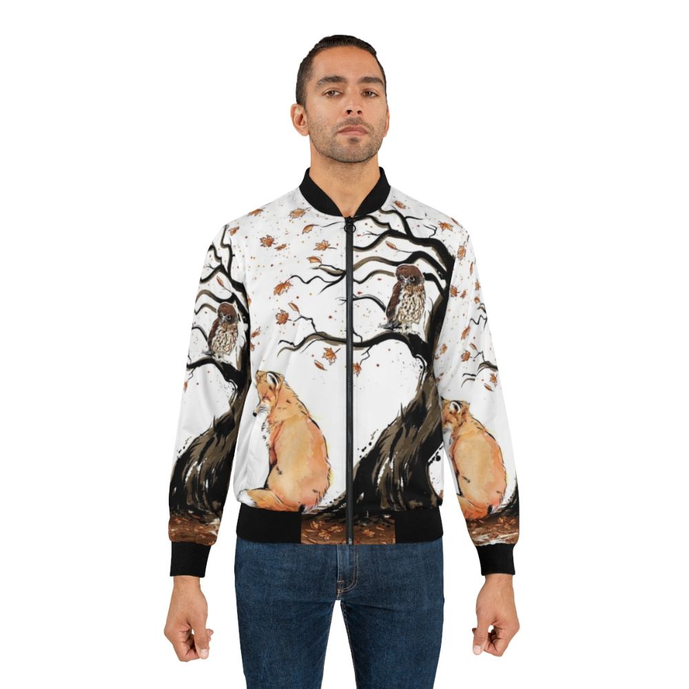 Autumn nature watercolor bomber jacket with fox, owl, and bird designs - Lifestyle