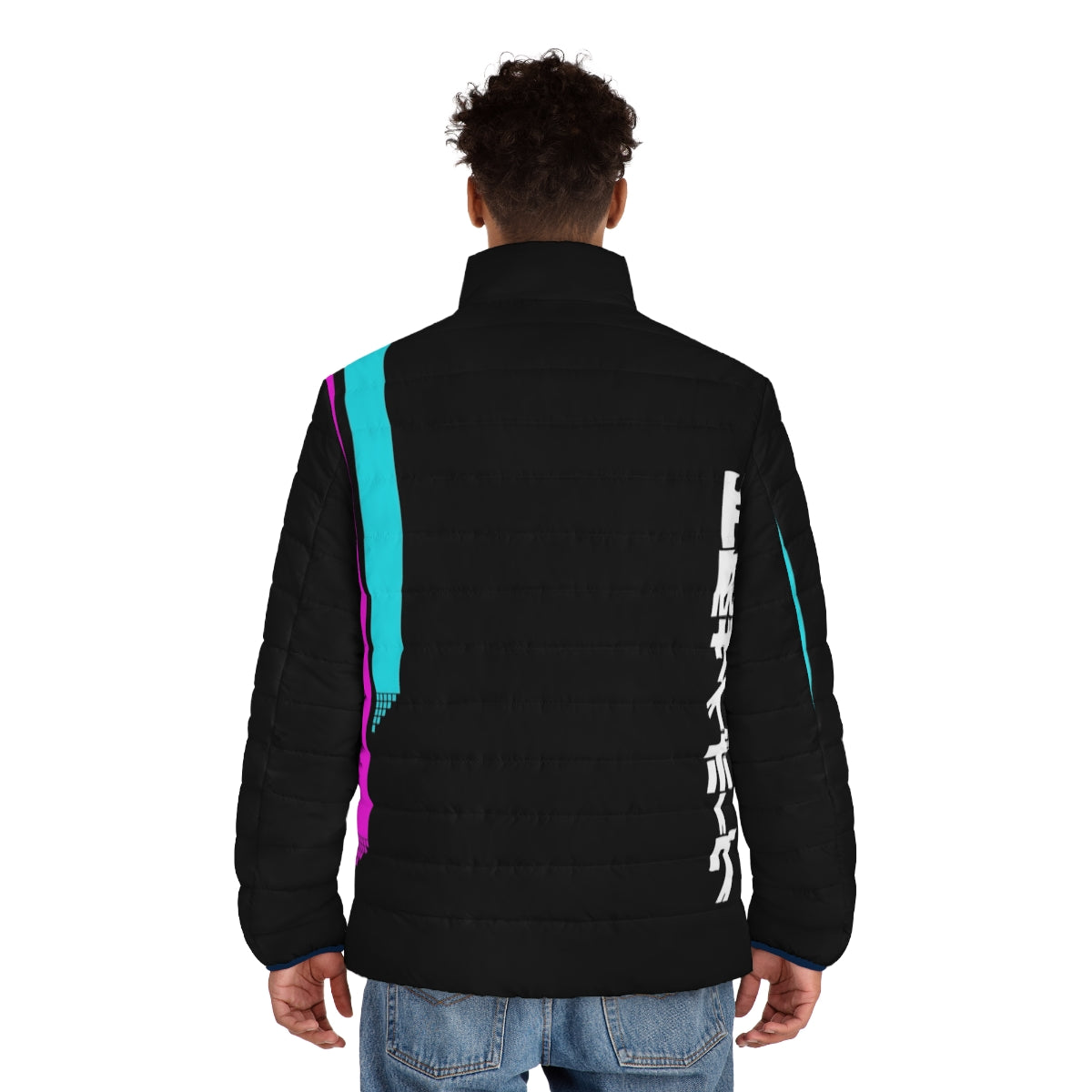 A vibrant 1980s-inspired puffer jacket with a vaporwave aesthetic design - men back