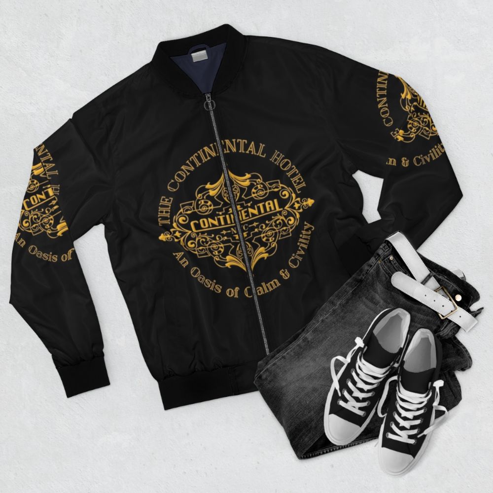 The Continental Hotel Bomber Jacket - John Wick Inspired Keanu Reeves Movie Merchandise - Flat lay