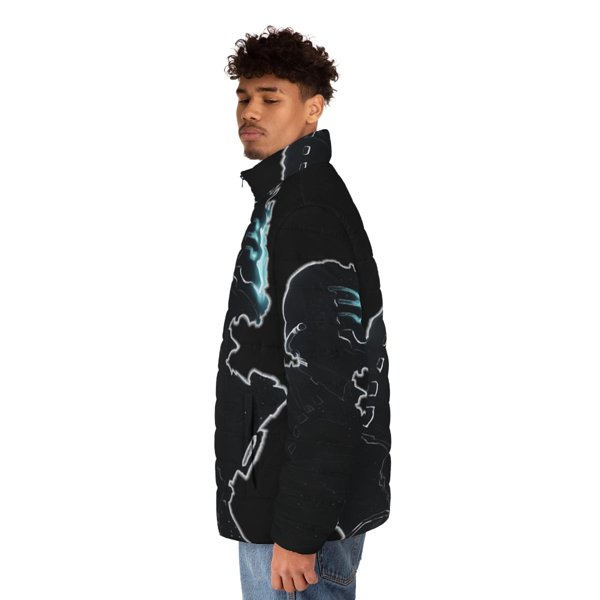 Dead Space-inspired puffer jacket with necromorph and Isaac Clarke graphics - men side left