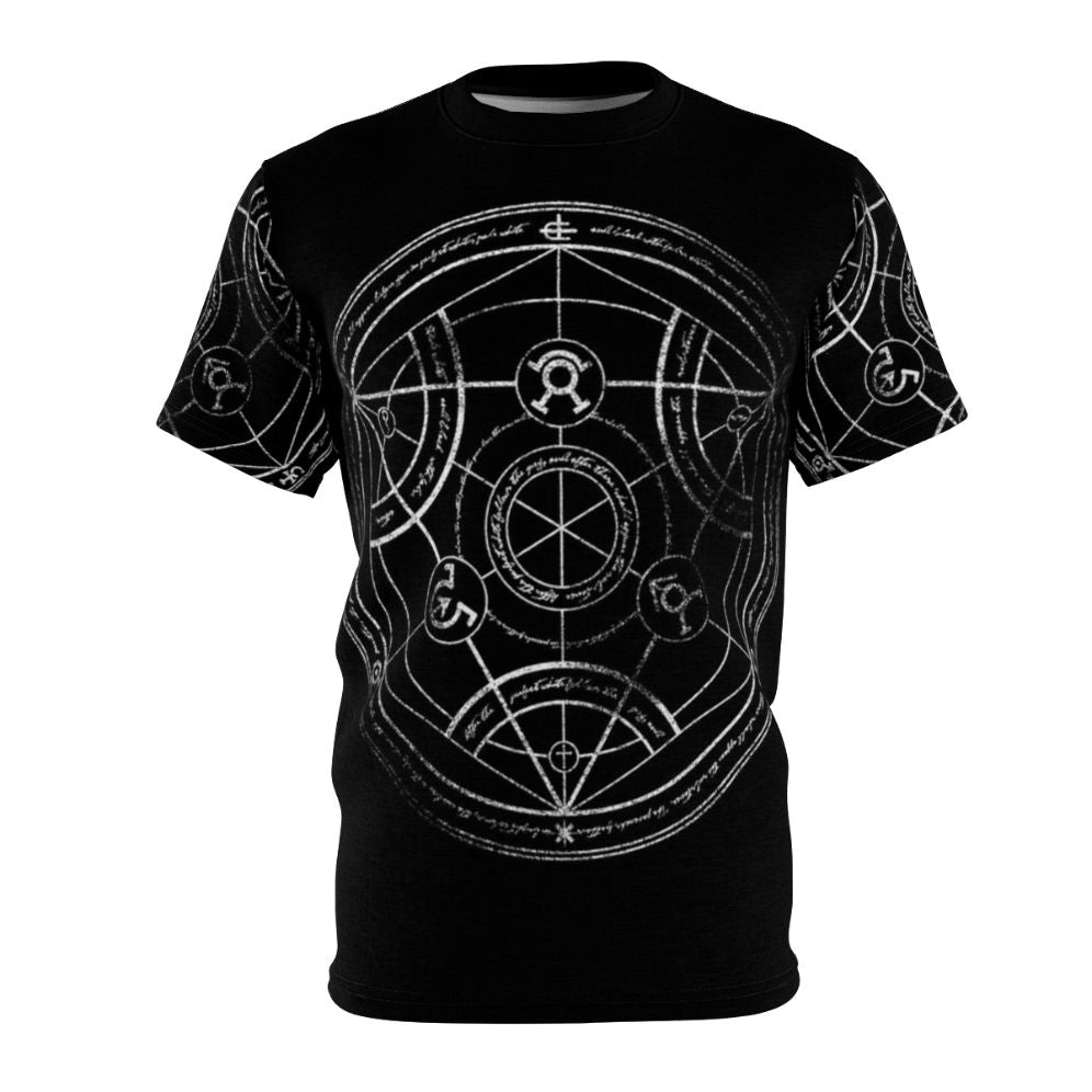 Closeup of a hand-drawn transmutation circle from the Fullmetal Alchemist anime series printed on a t-shirt.