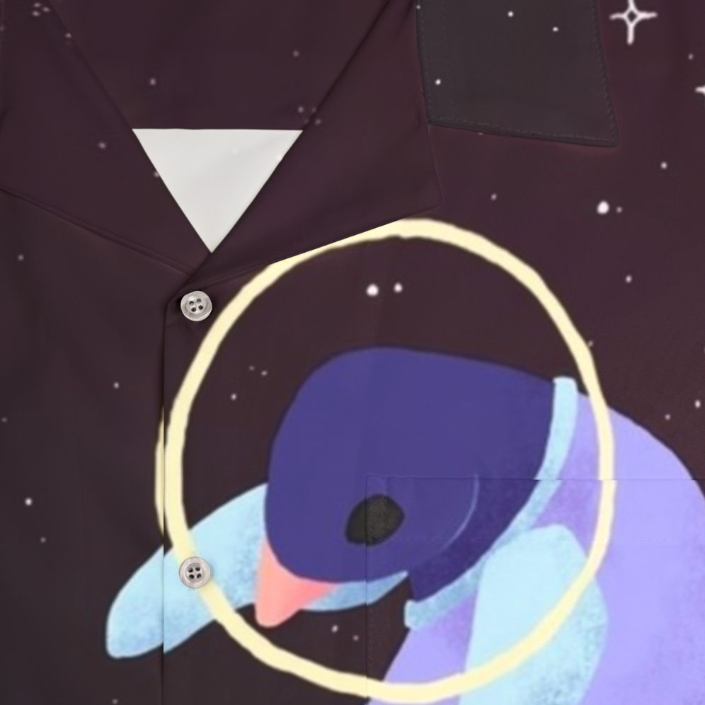 Cute space penguins in a galaxy print Hawaiian shirt design - Detail