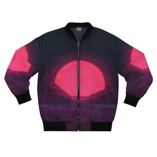 Neon synthwave-inspired bomber jacket with retro 80s design featuring mountains, valleys, and a night landscape