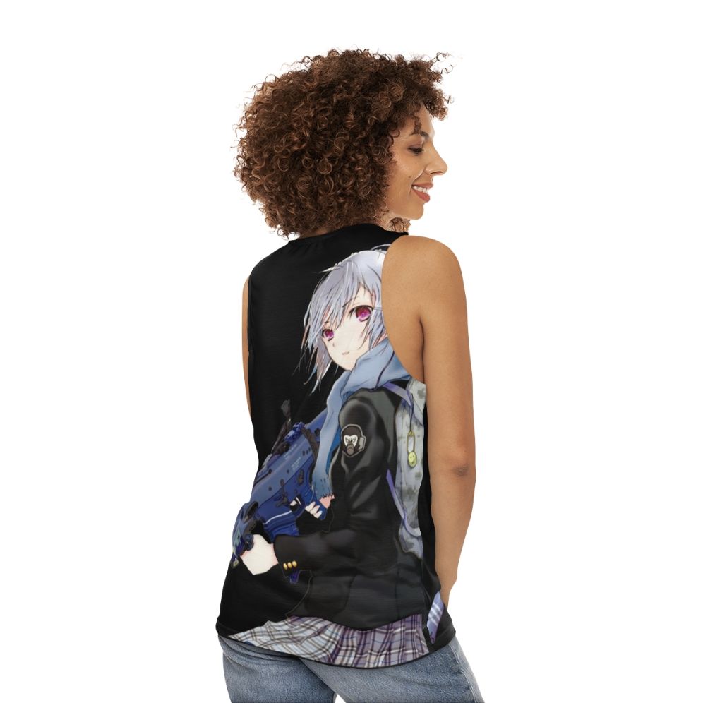 Unisex anime girl with gun graphic on tank top - women back