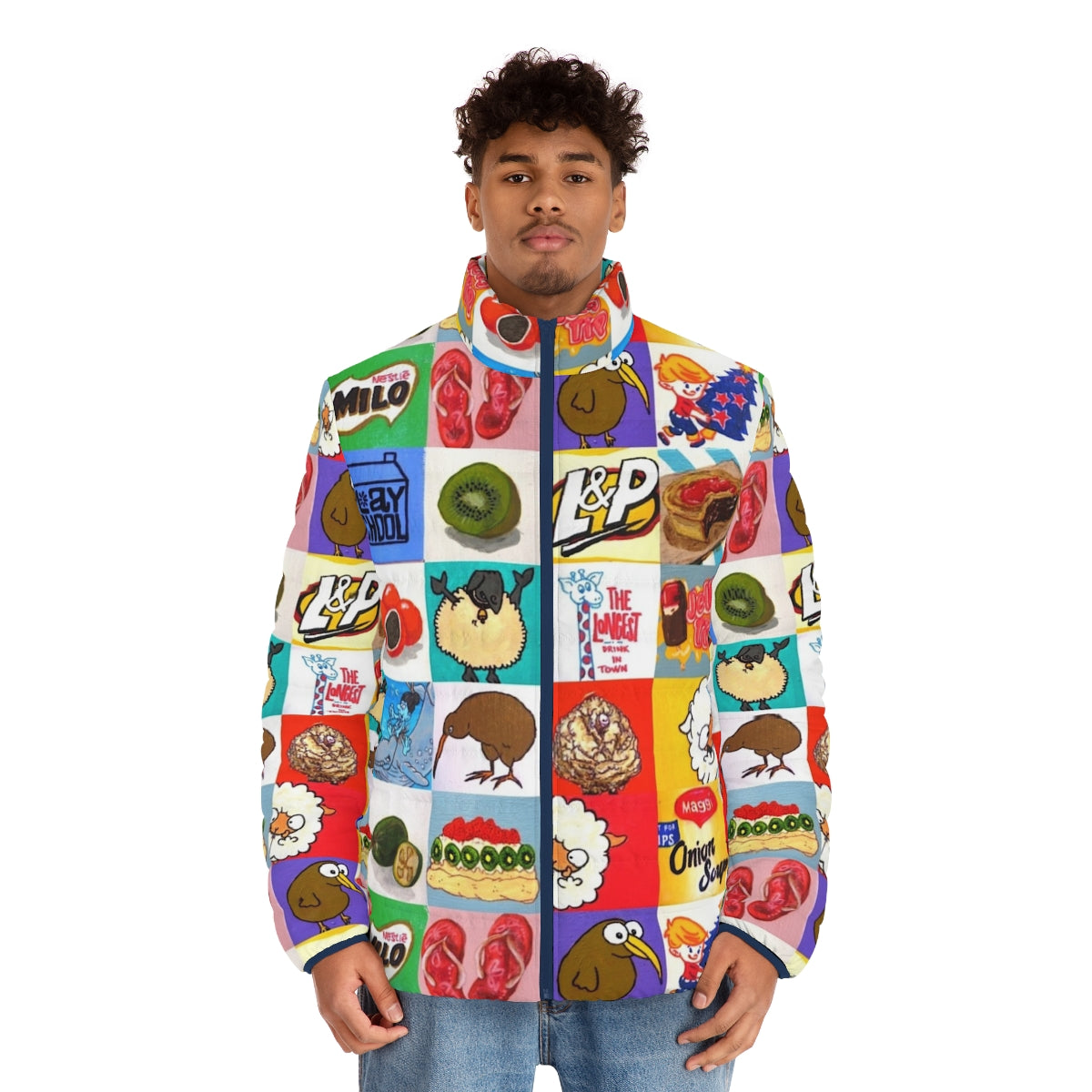 Kiwiana Puffer Jacket featuring a collage of New Zealand food and drink icons - men front