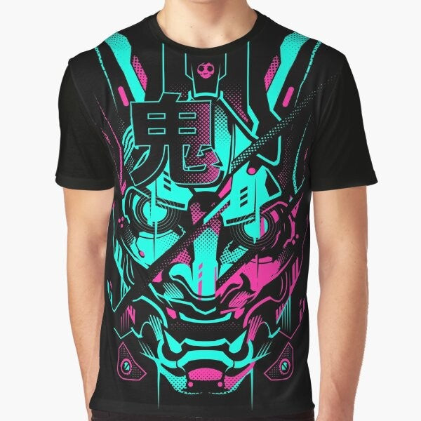 Cyberpunk Oni Glitch Graphic T-Shirt with neon design