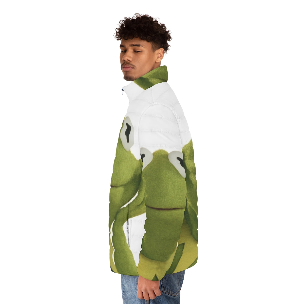 Kermit the Frog-inspired puffer jacket with the Muppets character design - men side left