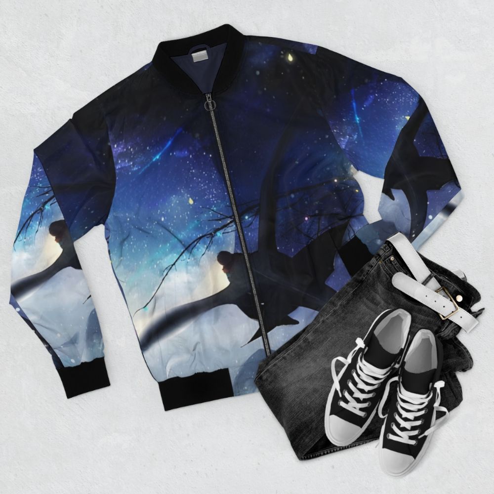 A bomber jacket featuring the iconic Night Fury dragon from the "How to Train Your Dragon" animated film series. - Flat lay