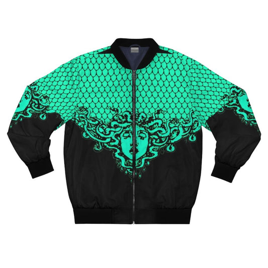 Black bomber jacket with Athena's aegis and gorgon design, inspired by ancient Greek mythology