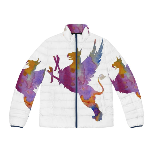 Gryphon Puffer Jacket with Vibrant Legendary Creature Silhouette Art