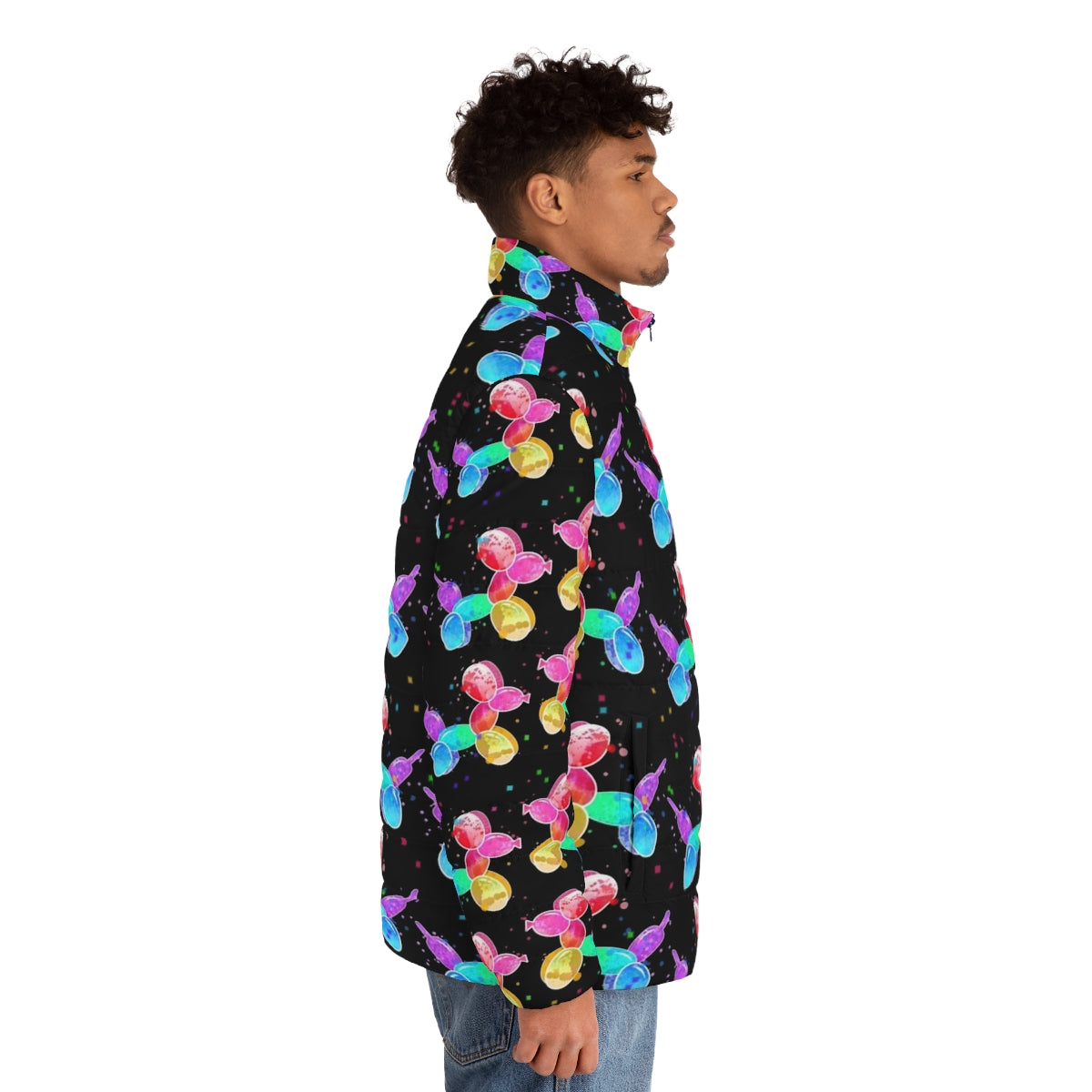 Puffer jacket featuring colorful watercolor balloon dog graphic - men side right