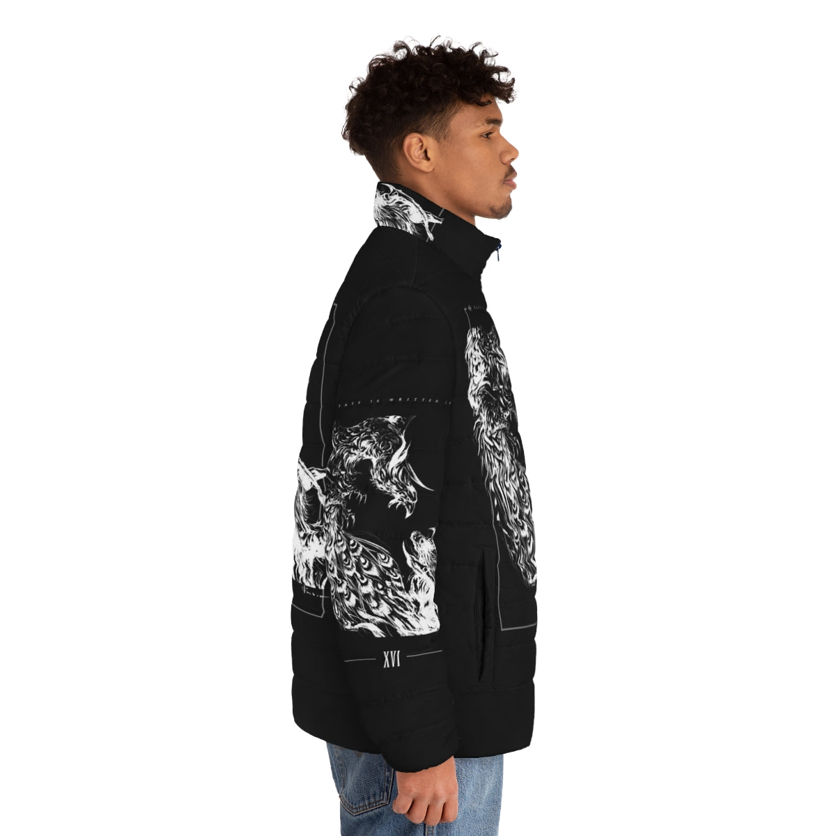 Final Fantasy XVI Monochrome Puffer Jacket featuring Clive Rosfield, Ifrit, and Phoenix - men side right