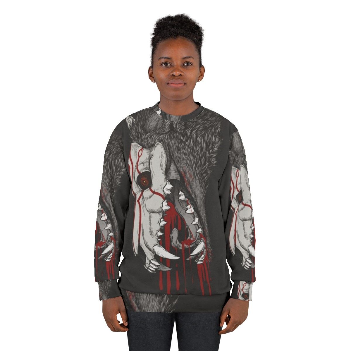 Black sweatshirt with horror-inspired graphic of a Creature of Grimm from the anime series RWBY - women