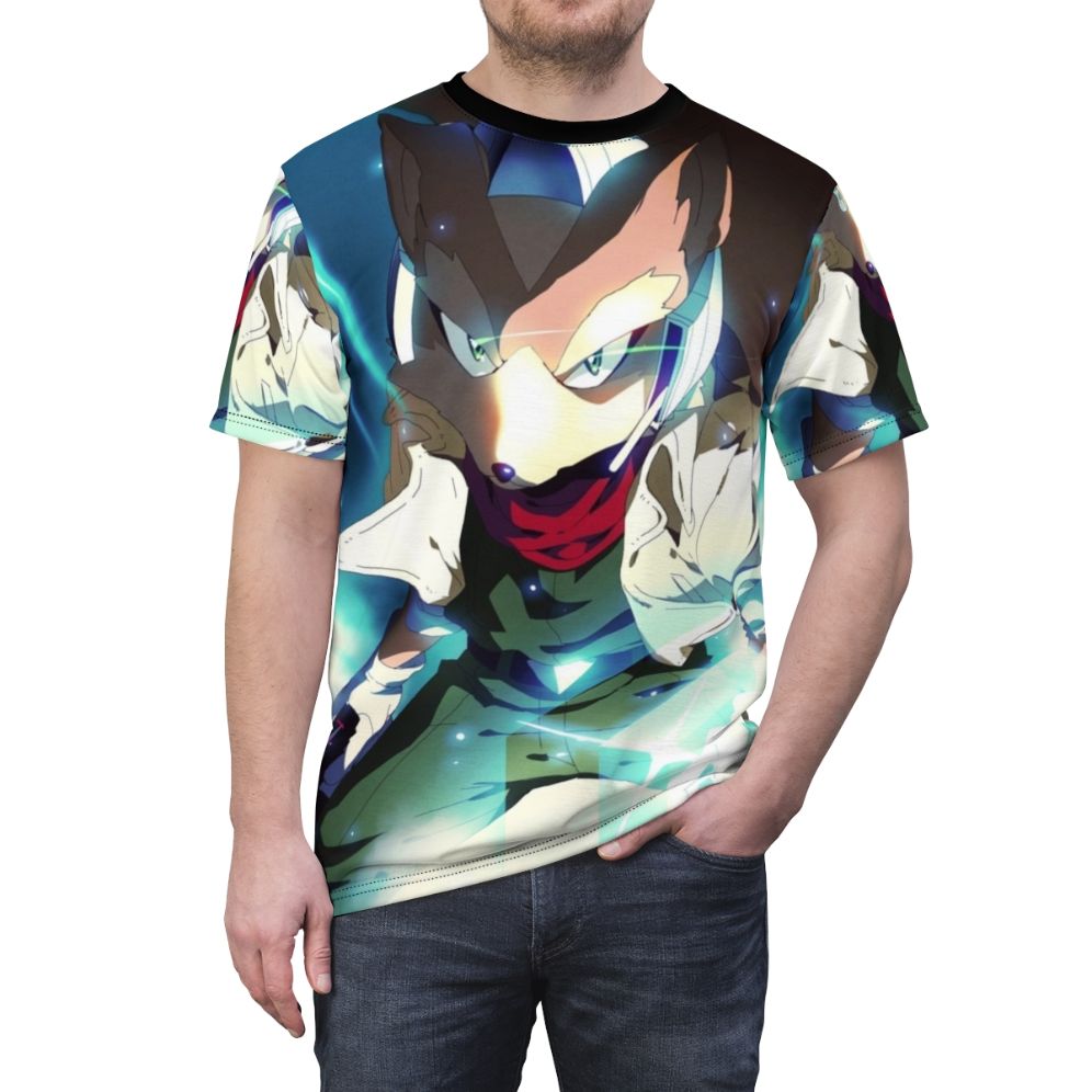 Illustration of the Fox McCloud character from the Smash Bros. Melee video game on a t-shirt. - men front