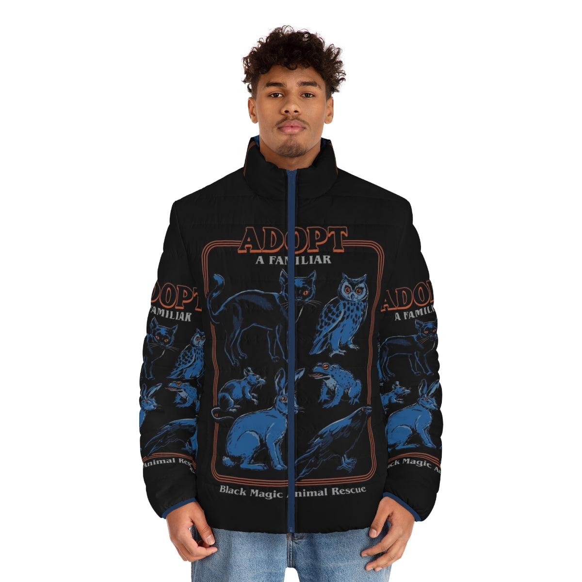 Vintage puffer jacket with a witchcraft and horror-inspired design featuring various animal familiars - men front