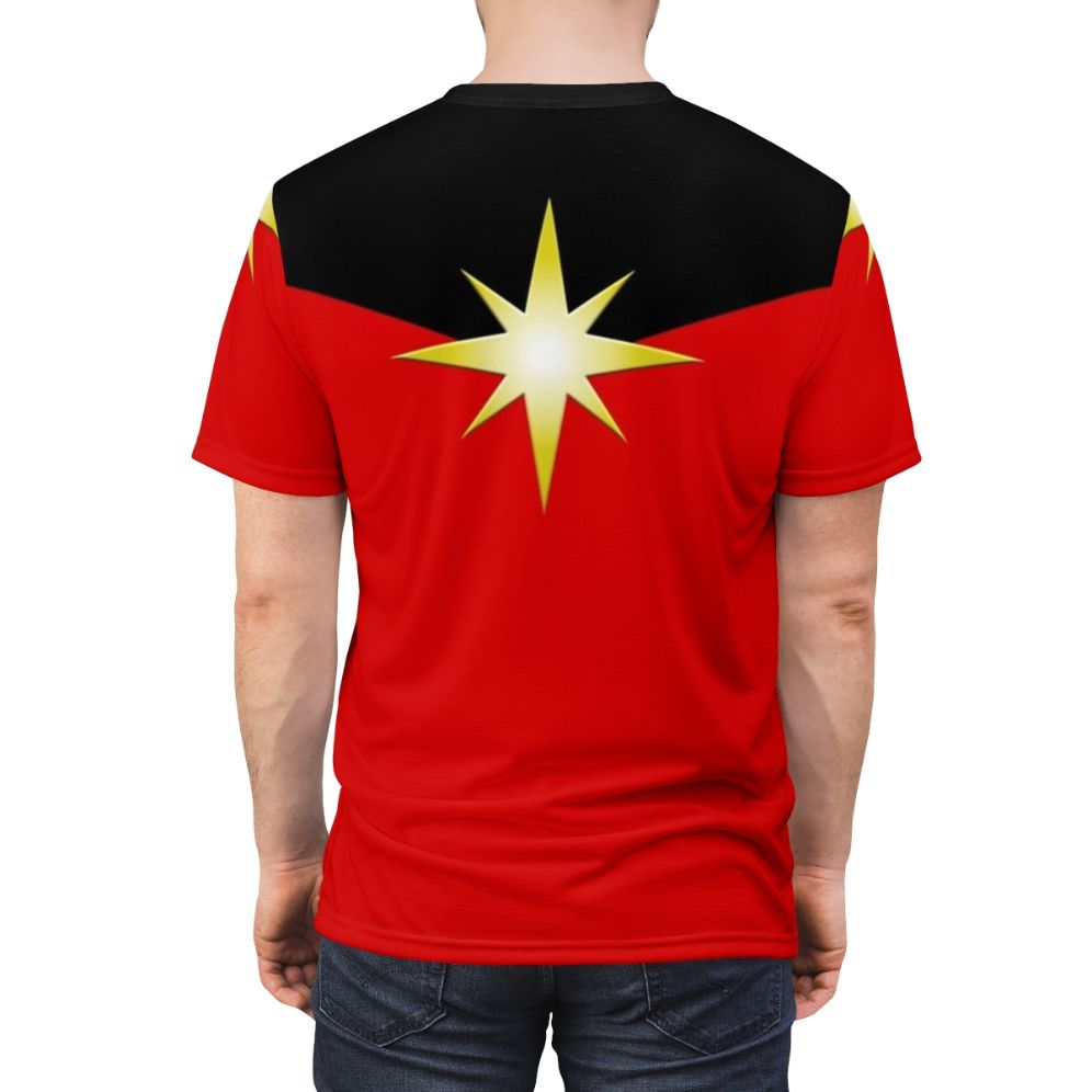 A t-shirt featuring a striking cosmic star design in golden and metallic tones, with sci-fi and superhero inspired elements. - men back