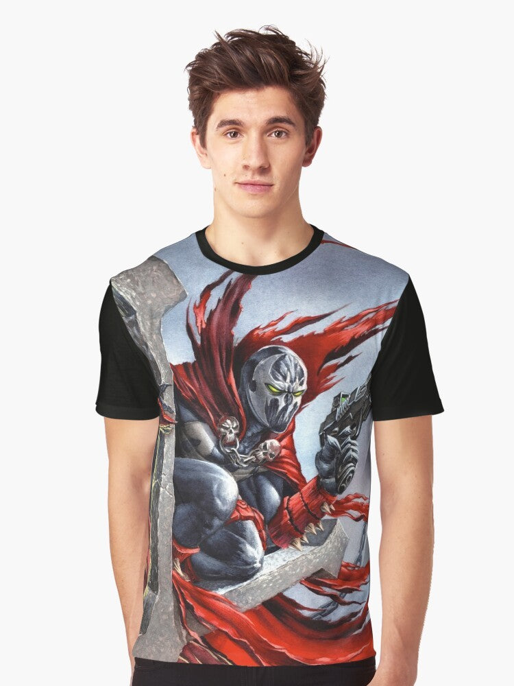 Spawn fanart graphic t-shirt featuring the character Spawn on a cross design - Men