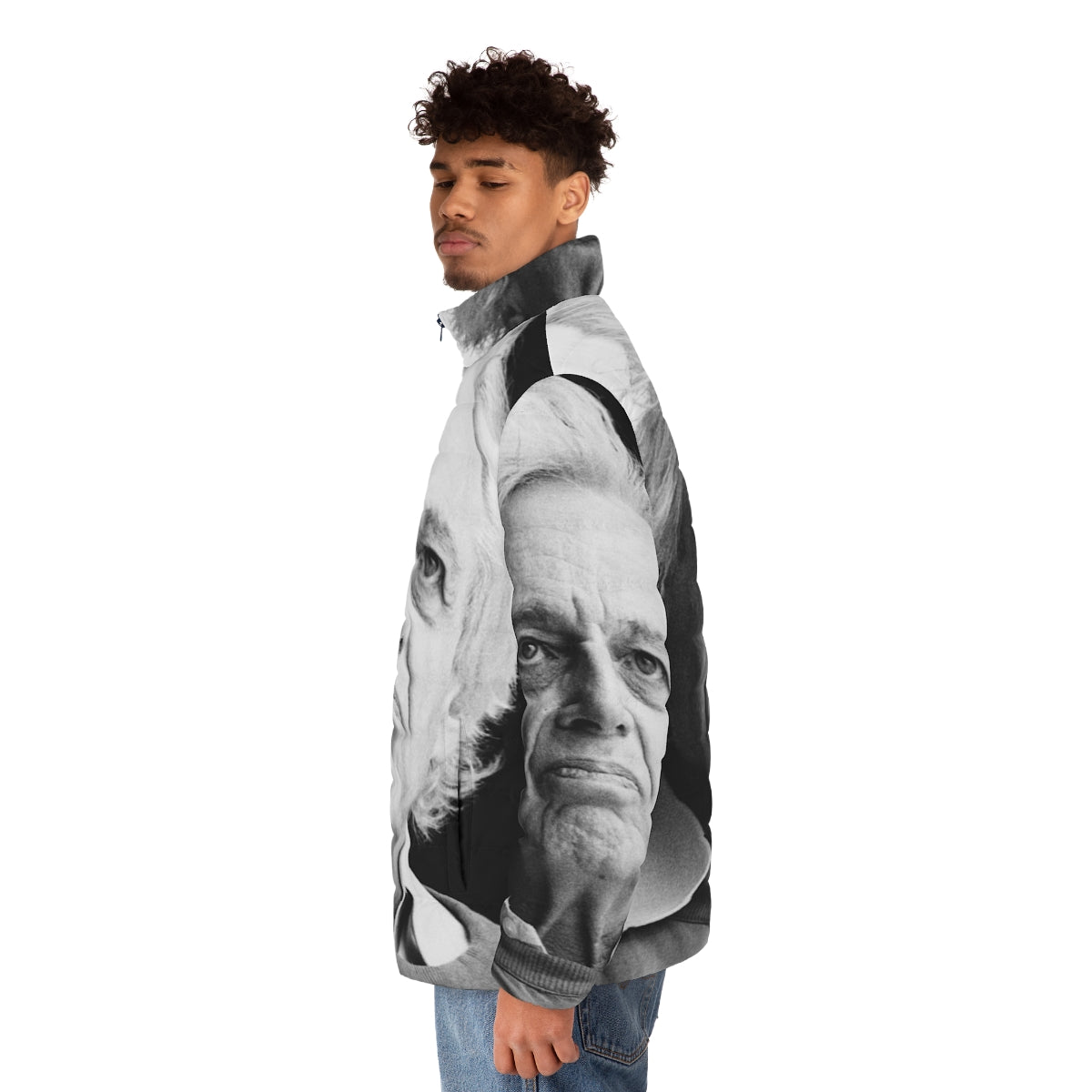 A stylish puffer jacket featuring the name and image of renowned classical composer György Ligeti - men side left