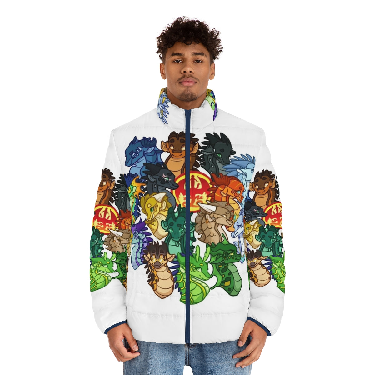 Wings of Fire Puffer Jacket featuring dragons and characters from the fantasy book series - men front