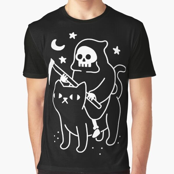 Black cat with grim reaper design on a graphic t-shirt