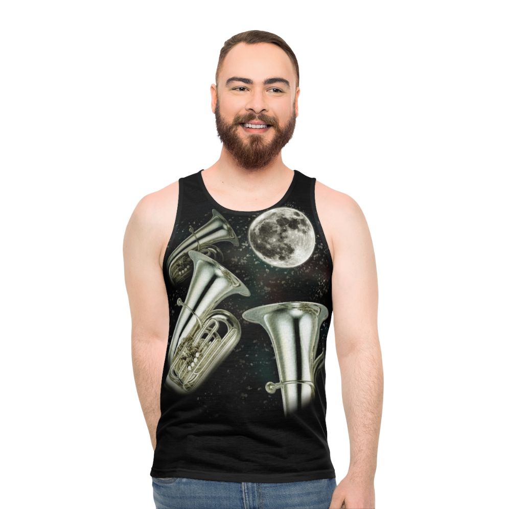 Unisex tank top with three-moon design and brass instruments - men