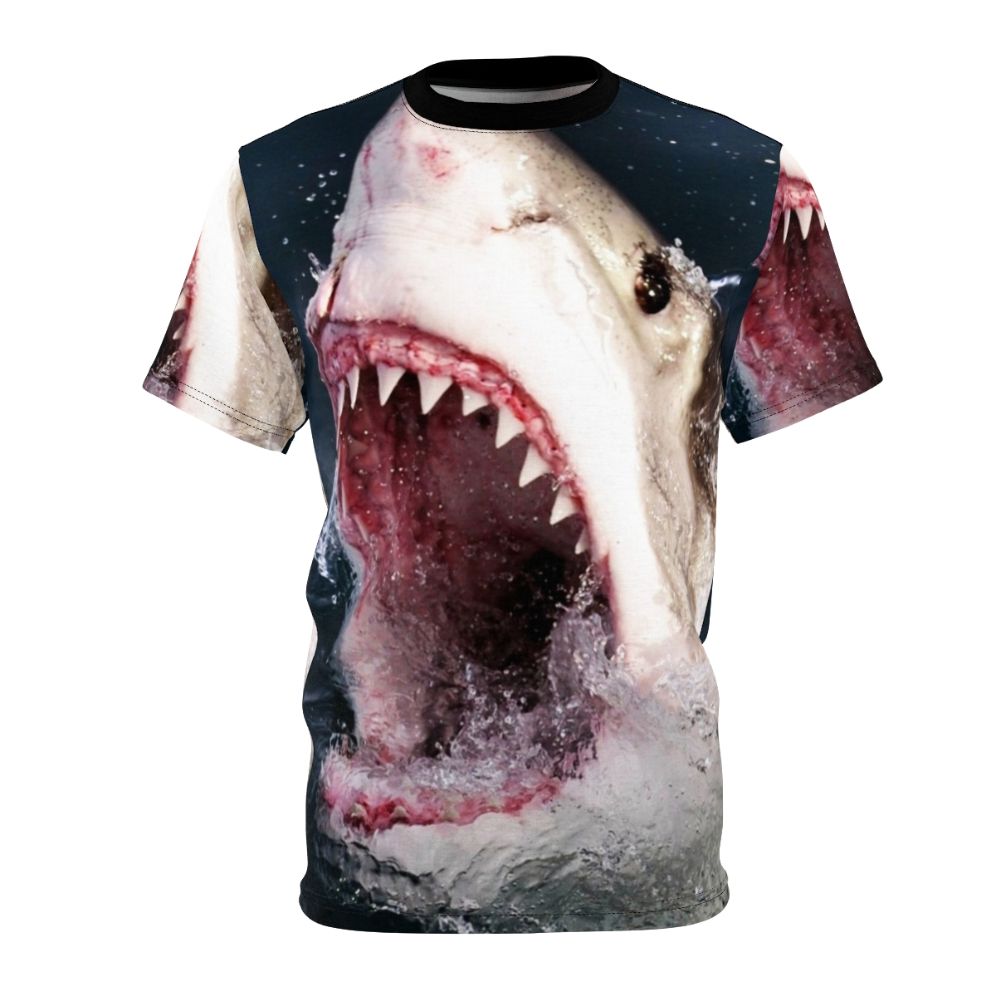 A realistic 3D graphic of a shark taking a bite out of a t-shirt on a solid background.