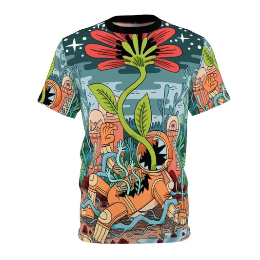 Cosmic, sci-fi-inspired t-shirt with an astronaut/spaceman design and nature elements like trees and plants in orange and blue tones.