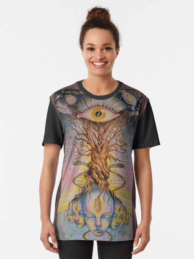 Pineal gland visionary art t-shirt featuring a graphic design with a snake, tree, and third eye symbolism - Women