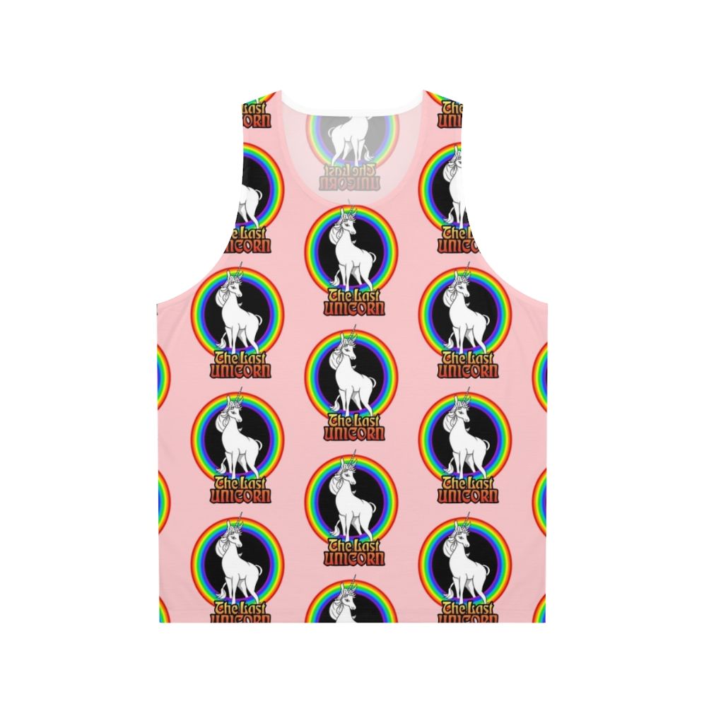 Unisex tank top featuring a white unicorn against a rainbow backdrop