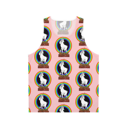 Unisex tank top featuring a white unicorn against a rainbow backdrop