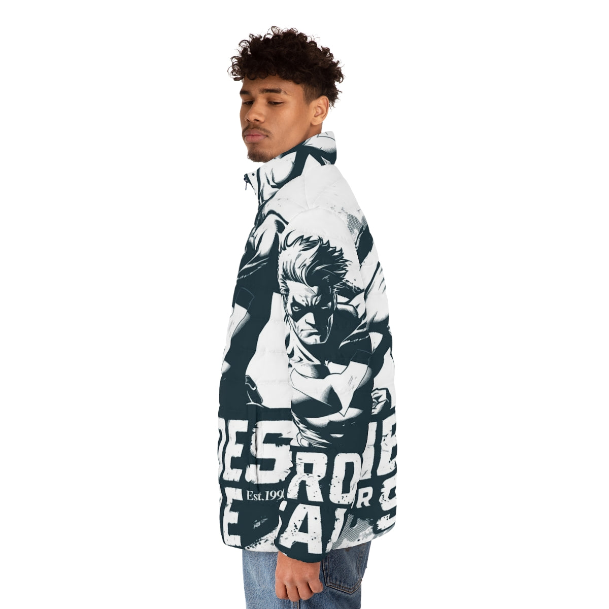 Transparent puffer jacket with classic 90s superhero design - men side left