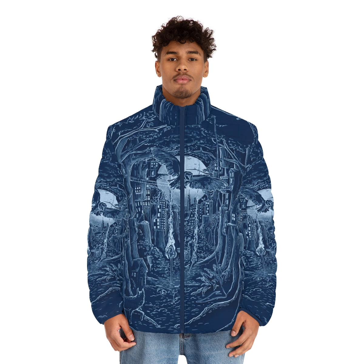 Puffer jacket with forest, moon, and animal elements - men front