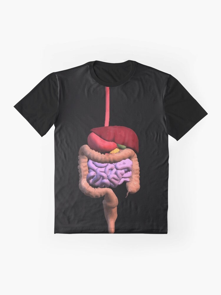 Illustration of the human digestive system on an eco-friendly graphic t-shirt - Flat lay