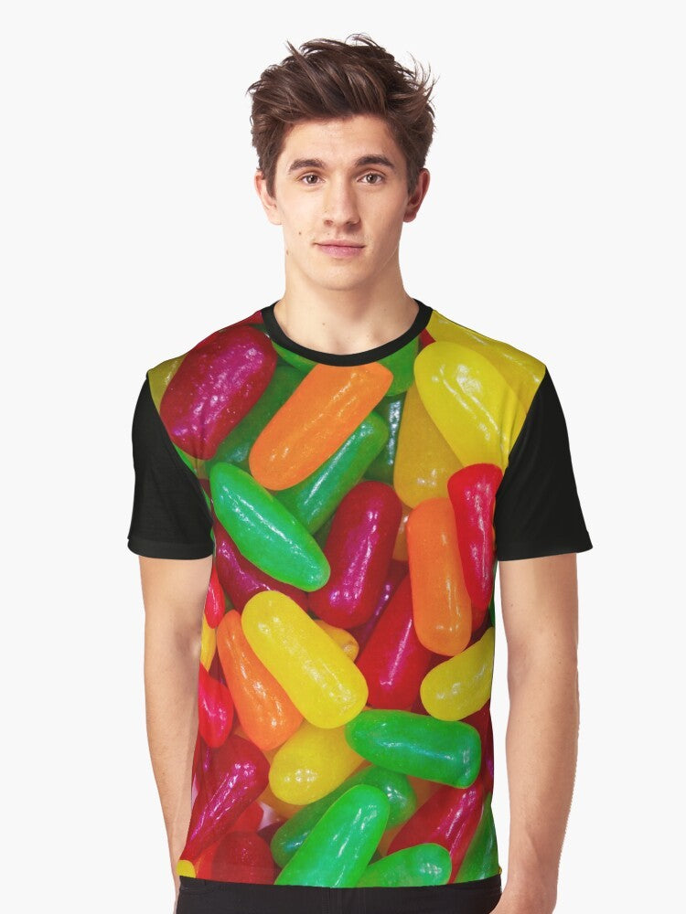 Colorful Mike and Ikes candy graphic on a t-shirt - Men