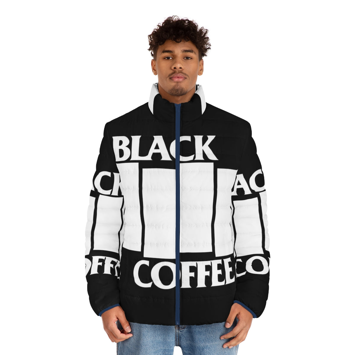 Black Coffee White Puffer Jacket with metal music inspired design - men front