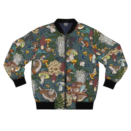 A bomber jacket featuring a pattern of various mushrooms and foliage in a forest setting.