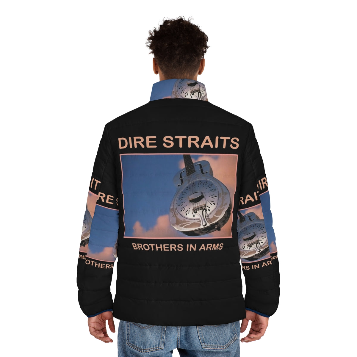 Dire Straits Puffer Jacket featuring the iconic band's logo and album artwork - men back