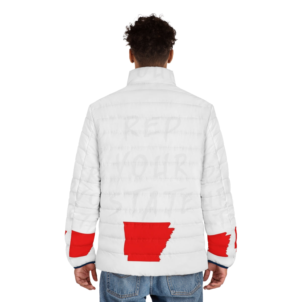 Arkansas state puffer jacket, featuring the state flag and cold weather design - men back