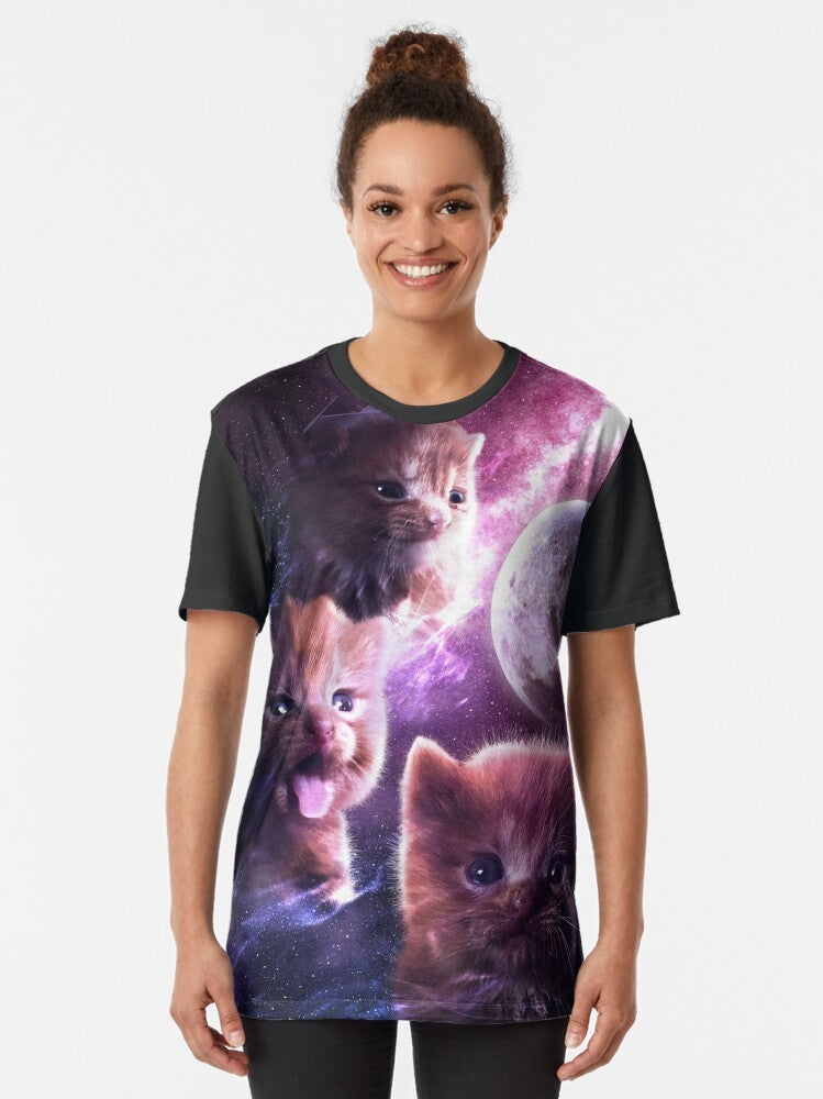 A graphic t-shirt featuring a degenerate moon design and a cute orange cat. - Women