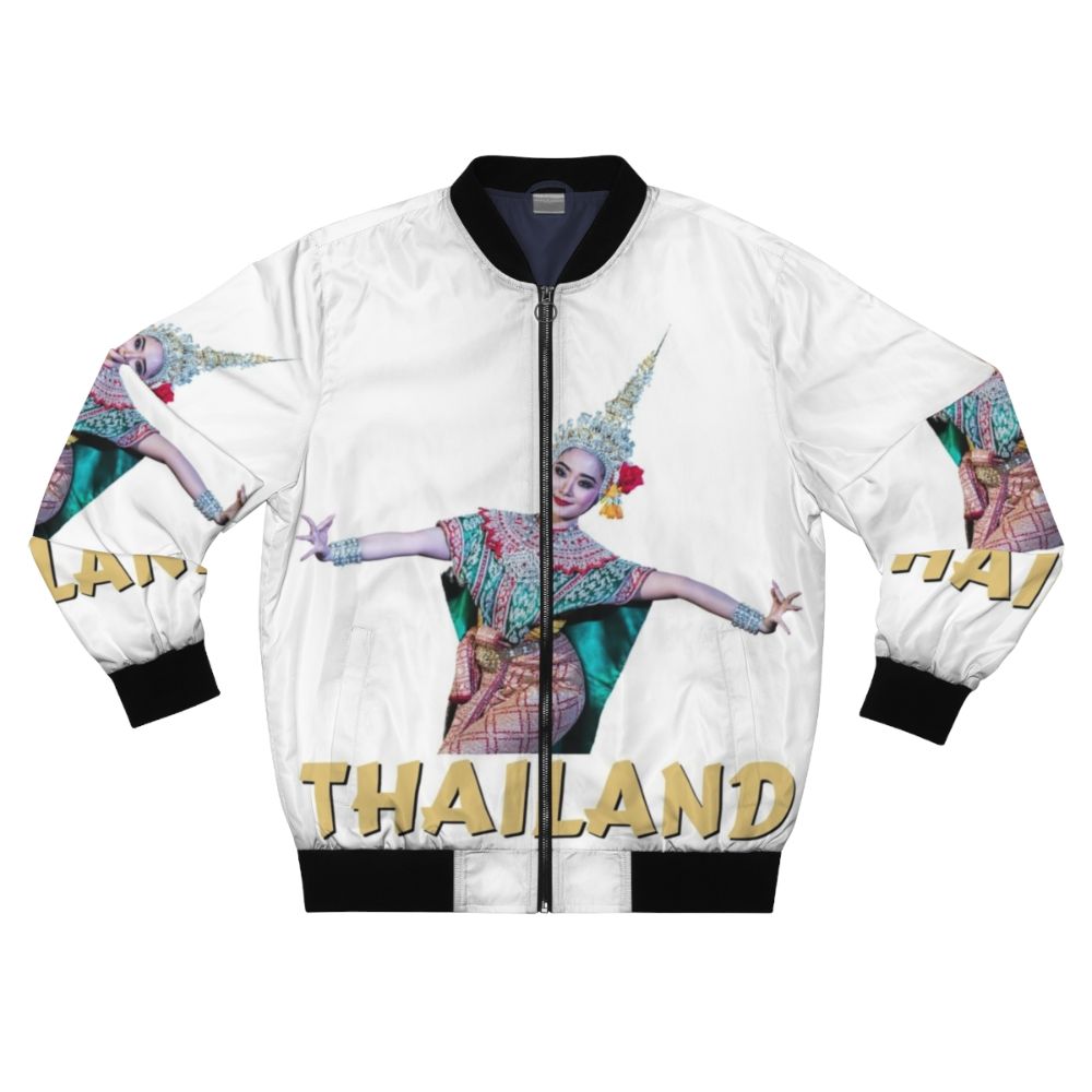 A bomber jacket featuring a traditional Thai dance design with graceful dancers and cultural elements.