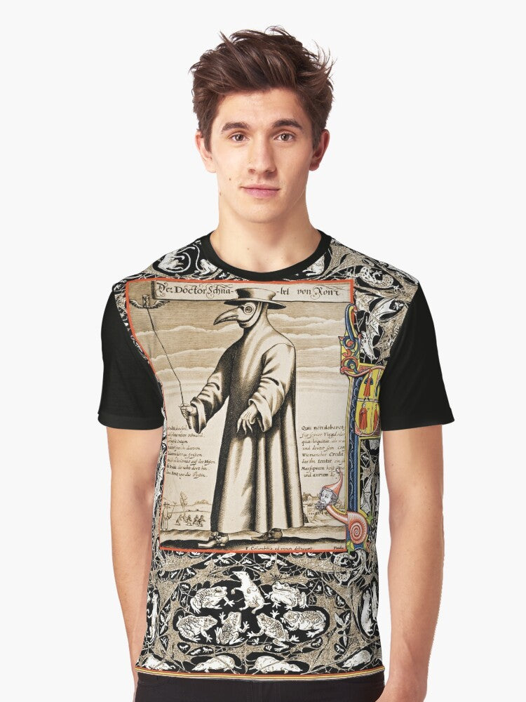 Plague doctor graphic t-shirt with medieval, gothic, and horror design elements - Men