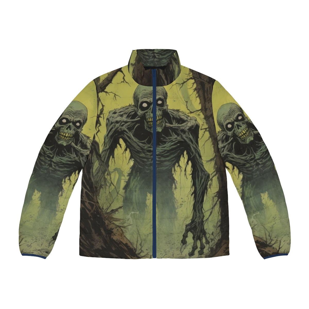 Zombie Stalker puffer jacket with haunted forest and creepy skeleton design