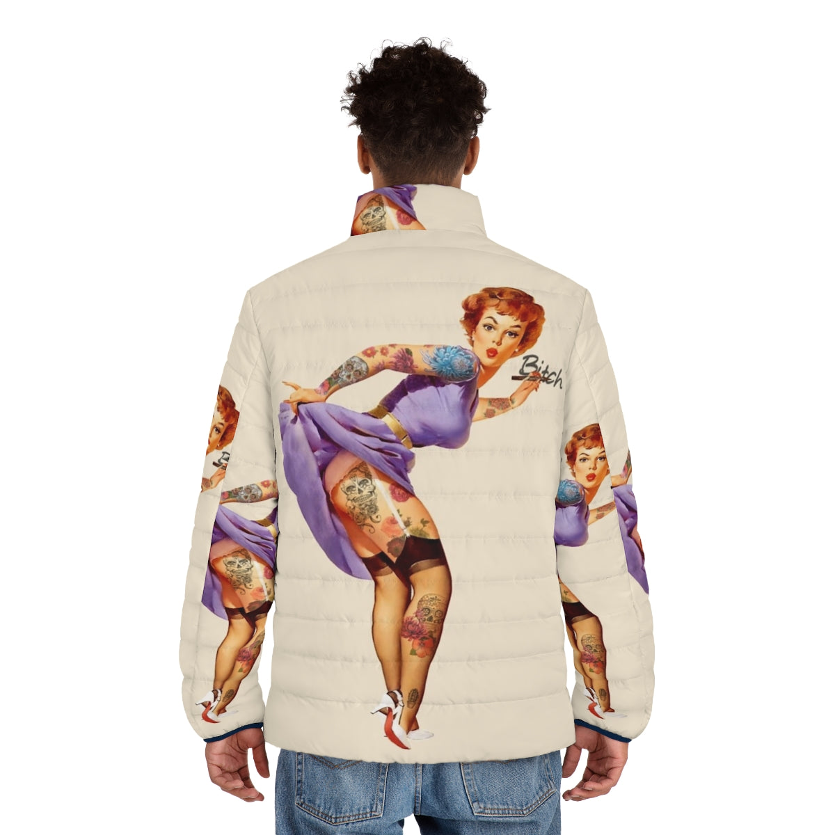 Redhead woman wearing a retro pinup style puffer jacket with floral and tattoo designs - men back