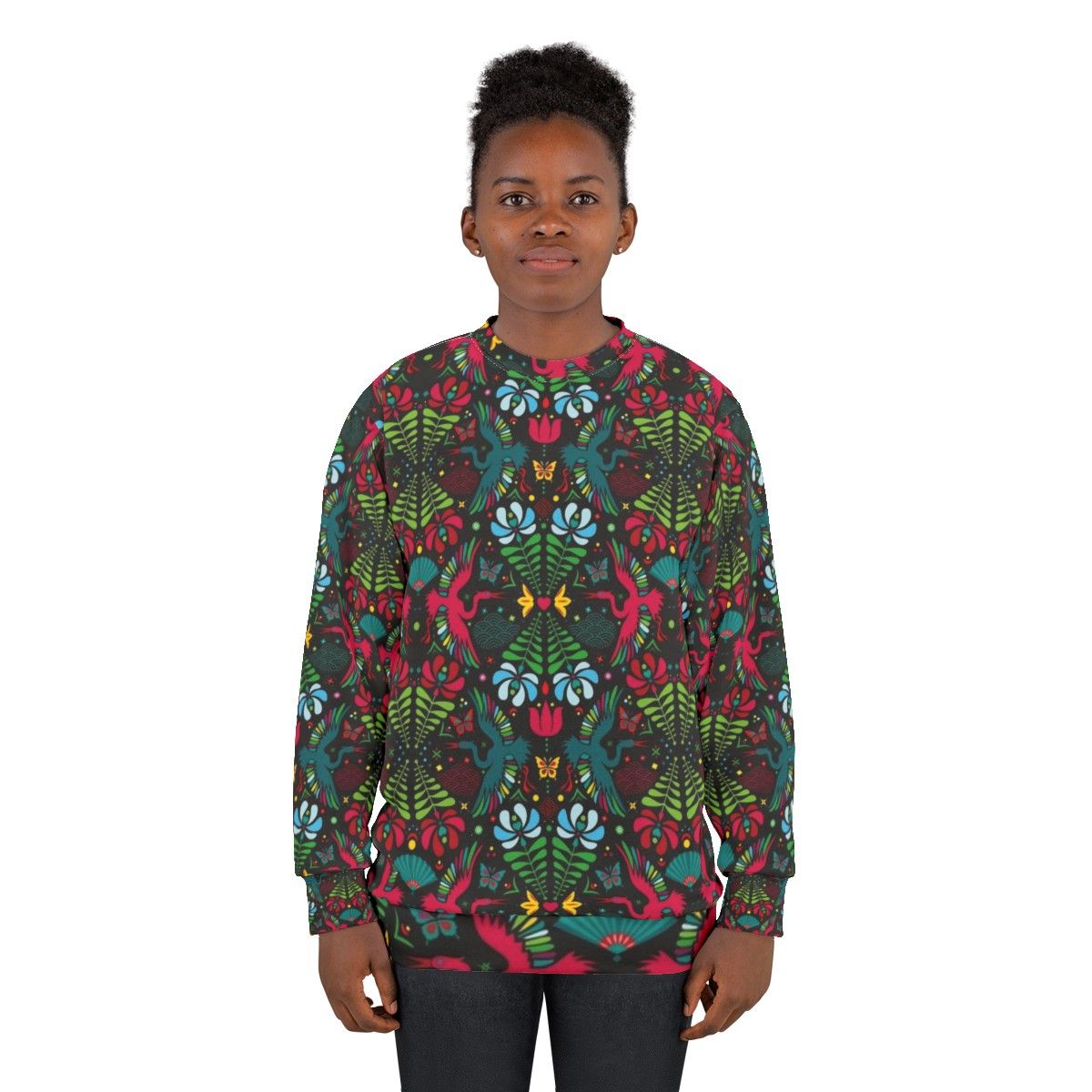 Colorful folk art crane pattern sweatshirt - women