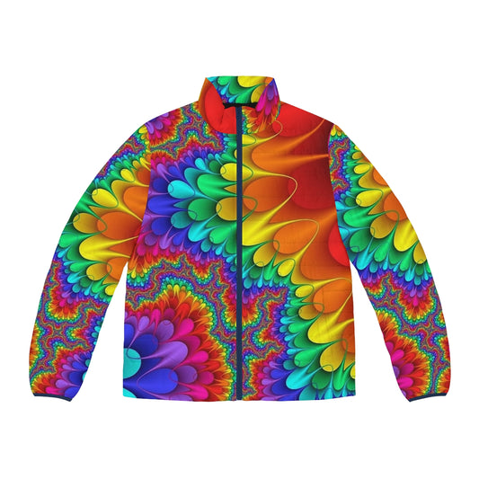 Psychedelic rainbow puffer jacket with vibrant colors and patterns