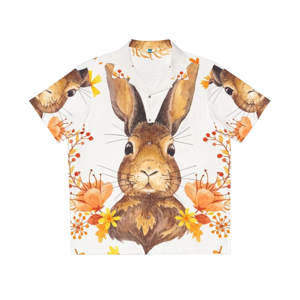 Autumn Bunny Hawaiian Shirt with Watercolor Floral Print