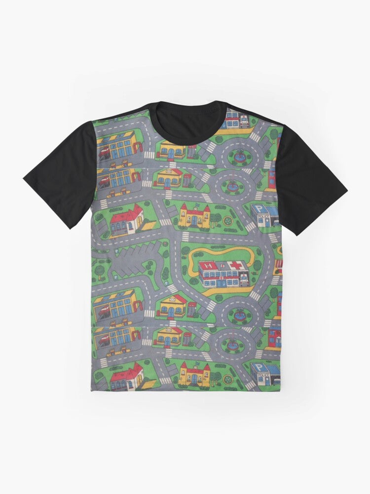 City Roads Map Graphic T-Shirt featuring a detailed street map design for a play rug or mat. - Flat lay