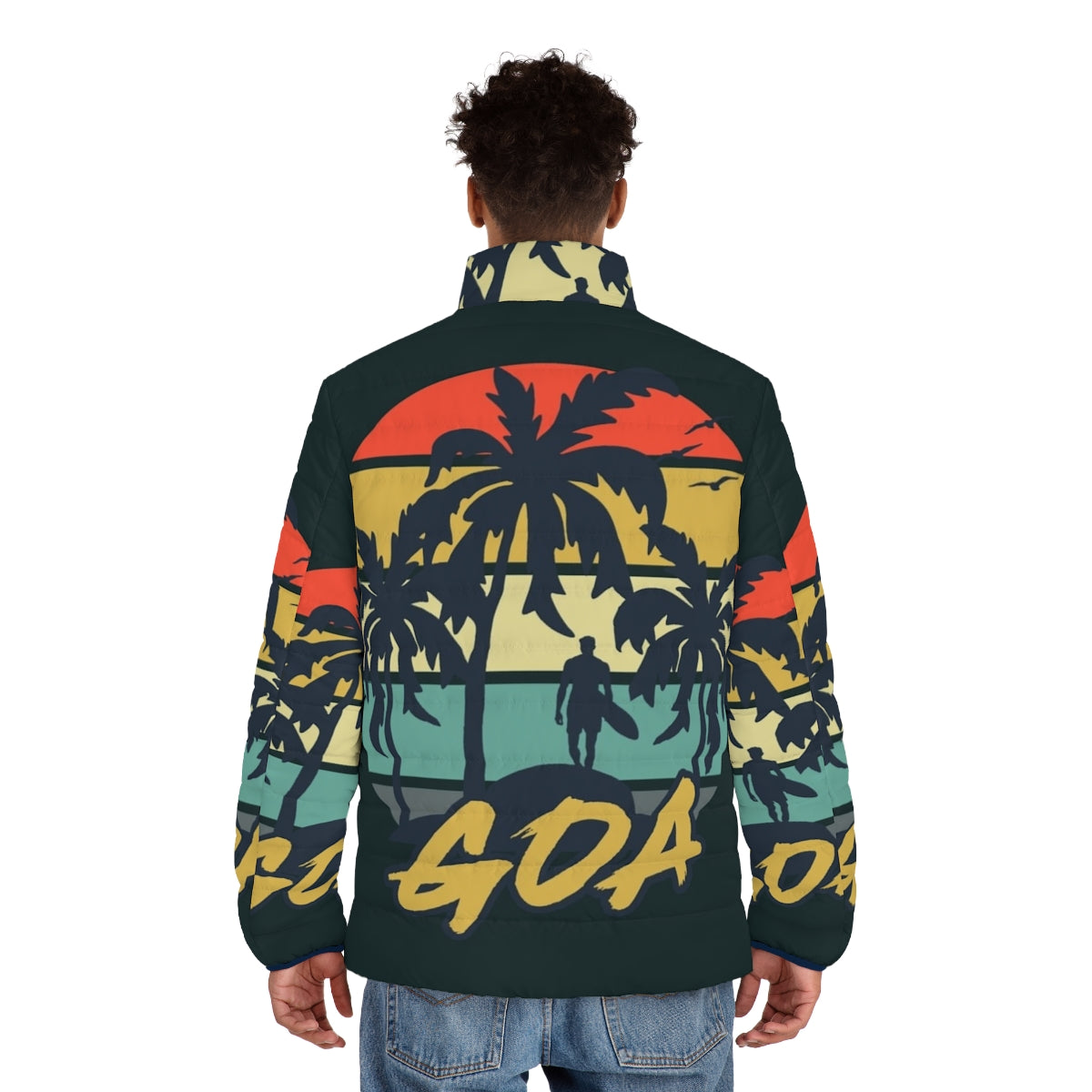 Vintage Goa Holiday Puffer Jacket in a retro sunset design - men back