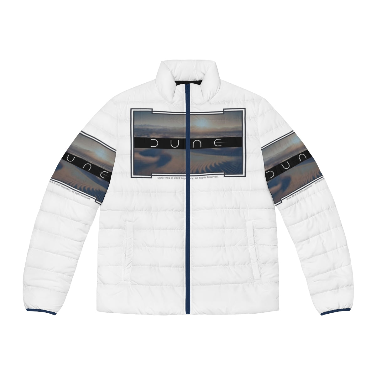 Dune-inspired puffer jacket with a white background